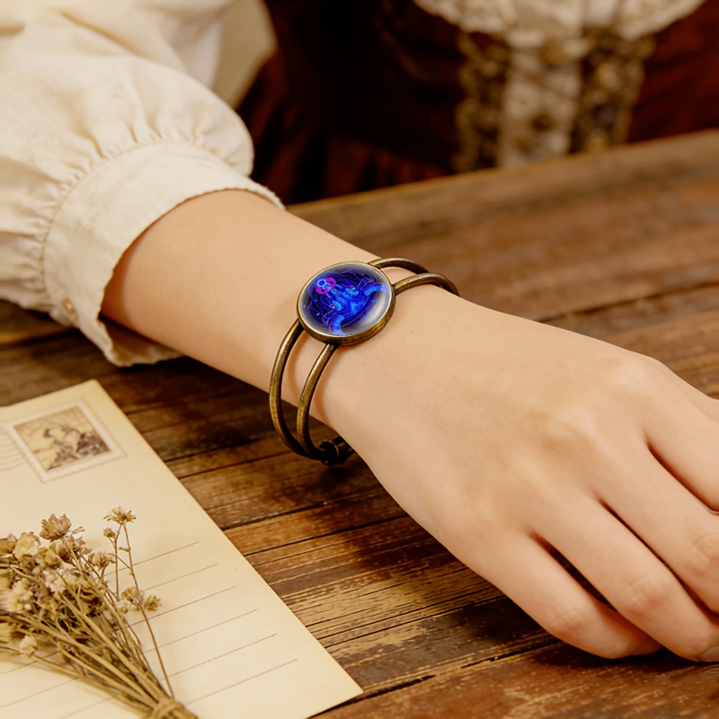 Ancient Cyan Double Layer Adjustable Open Bangle, Blue Bull Head